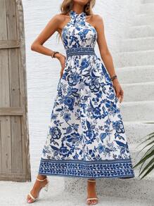 Breezaya Cross Halter Neck Blue And White Porcelain Printed Dress - Blue and White - View 7
