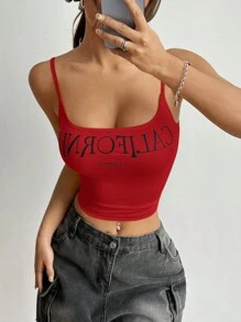 SHEIN EZwear 女士夏季字母印花短款上衣修身吊带背心 CALIFORNIA - 紅色 - 查看 3