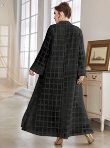 Al Najma Plus Size Elegant Long Dress With Jacquard Tape Splicing, Notch Neckline And Flared Sleeves For Spring/Summer - Black - View 2