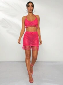 Hauture Pink Crochet Tassel Fringe Top & Skirt Two Piece Set - Hot Pink - View 6