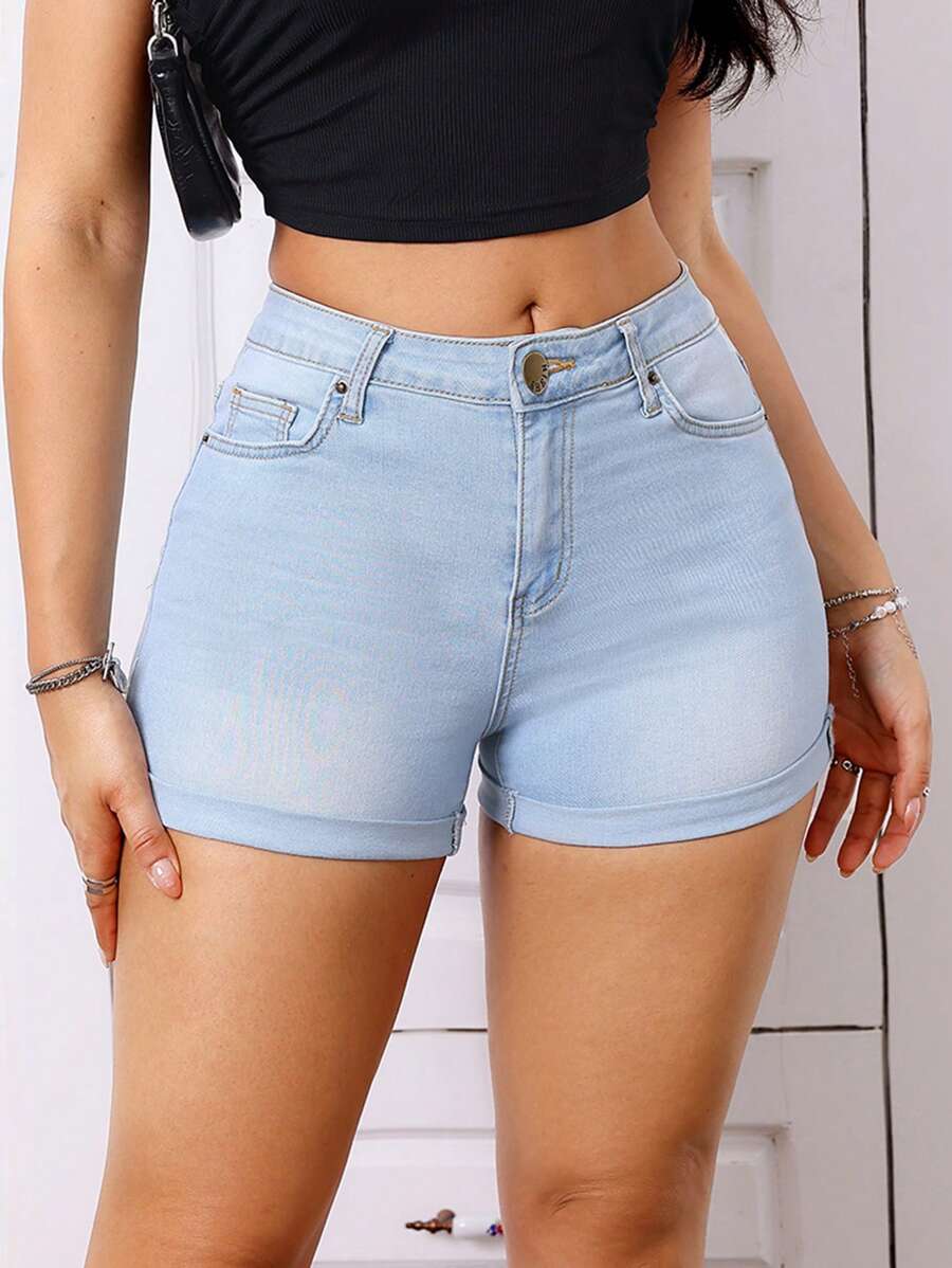 SHEIN Essnce Quần short denim nữ có túi và viền cuộn - Rửa nhẹ - Xem 1
