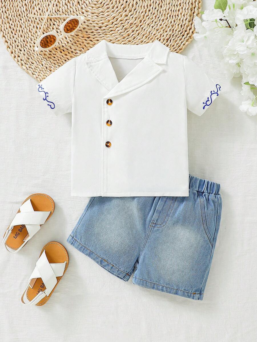 SHEIN Baby Boy 2pcs Casual Vintage Embroidery Cuff Shirt And Denim Shorts Set, Spring Summer Outfits, Suitable For Festival - Multicolor - View 1