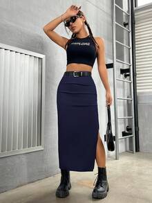 SHEIN PETITE 女性春夏季休閒實色側開叉裙 - 藏蓝色 - 查看 7