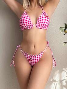 Swim Mod 女士格纹印花露背比基尼套装，夏日海滩度假 - 彩色 - 查看 3