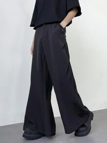 Manfinity Hypemode Men Solid Color Pleated High Waisted Wide Leg Loose Casual Pants With Pockets Oversize Long Flare Plain Black Going Out - Black - View 5
