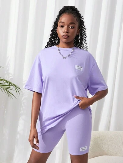 SHEIN Tonårsflicka sommarstickat brev lapptäcke rundhalsad t-shirt och shorts Casual tvådelad set