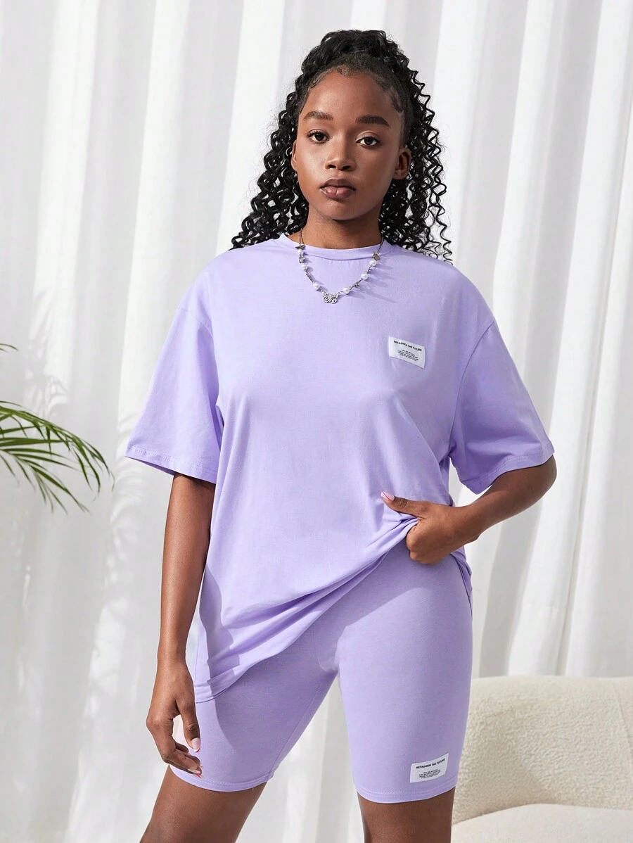 SHEIN 少女夏季針織字母拼接圓領T恤和短褲休閒套裝 - 紫色 - 查看 1