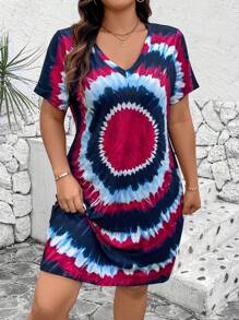 SHEIN LUNE Plus Size Women Summer Tie Dye Floral V-Neck Short Sleeve Casual T-Shirt Dress