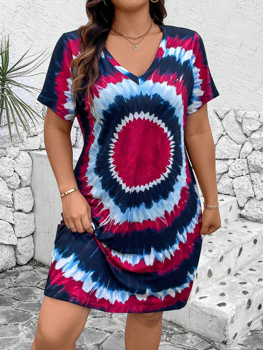 SHEIN LUNE Plus Size Women Summer Tie Dye Floral V-Neck Short Sleeve Casual T-Shirt Dress