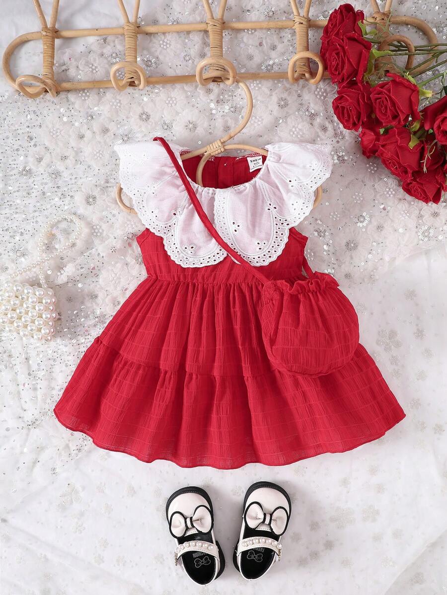 Robe sans manches en été pour bébé fille, douce et colorée, avec broderie creuse et pièces jointes - Rouge - Voir 1