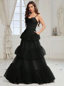 SHEIN Belle Women Heavy Industry Bone Detailing Ruched Bust Layered Mesh Cake Dress Formal Ball Gown For Women For Formal Dinner Party