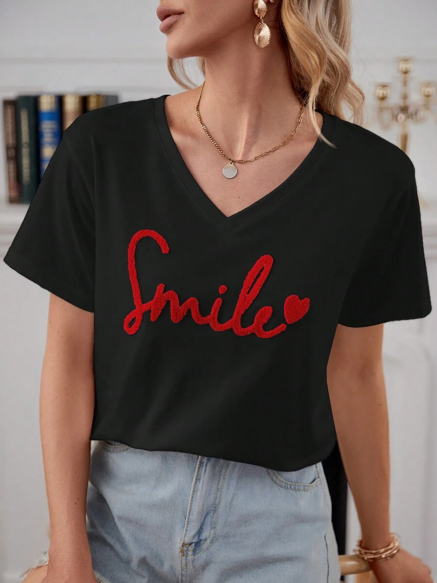EURMUSE Cotton Heart & Letter Pattern Drop Shoulder Tee Summer Tops Vacation Clothes - Black - View 1