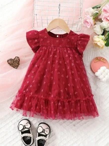 Baby Girl Gorgeous Elegant Cute Fun Star Gauze Dress With Flutter Sleeves, Suitable For Parties In Spring And Summer - Burgundy - View 1