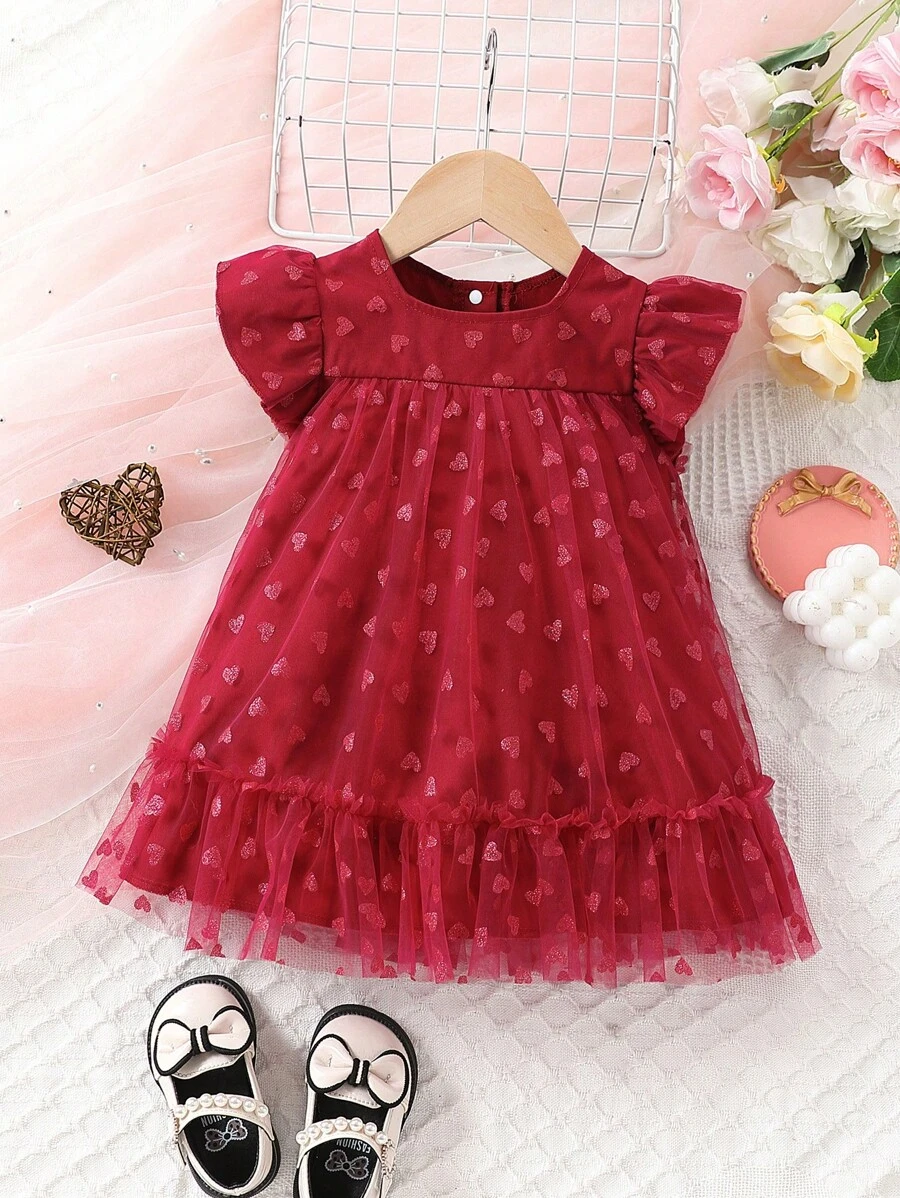 Baby Girl Gorgeous Elegant Cute Fun Star Gauze Dress With Flutter Sleeves, Suitable For Parties In Spring And Summer - Burgundy - View 1