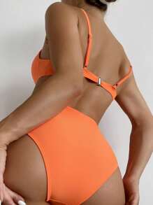 SHEIN Swim 女性夏季海灘實色推桿式底托內衣泳裝套裝 - 橘色 - 查看 2