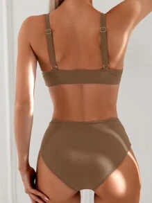 SHEIN Swim 女士夏季海灘無線胸罩和泳裤比基尼套裝，度假必備泳衣 - 咖啡棕 - 查看 2