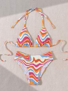 SHEIN Swim Conjunto de bikini simple para mujer con tirantes cruzados en el cuello, estampado al azar para playa de verano