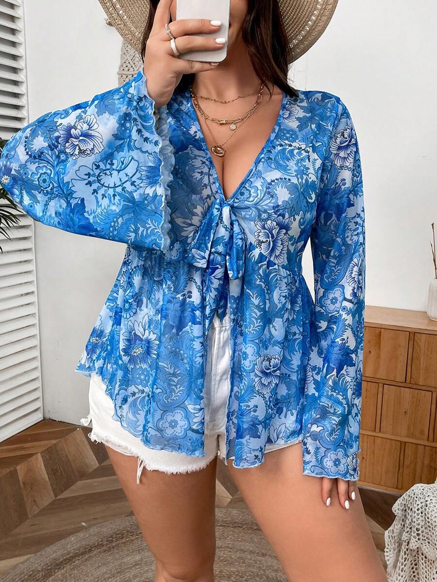 SHEIN VCAY Plus Size Nữ Họa Tiết Kỳ Nghỉ Phong Cách Thắt Nơ Phía Trước Xẻ Viền Áo Dài Tay Thanh Lịch - Màu xanh lam - Xem 1