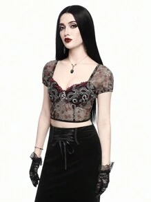 ROMWE Goth 哥德式彩塊蛇紋刺繡蛇吊墜透視女士上衣 - 酒紅色 - 查看 3