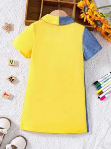 SHEIN Young Girl's Spring/Summer Two-Tone Letter & Book Print Shirt Dress