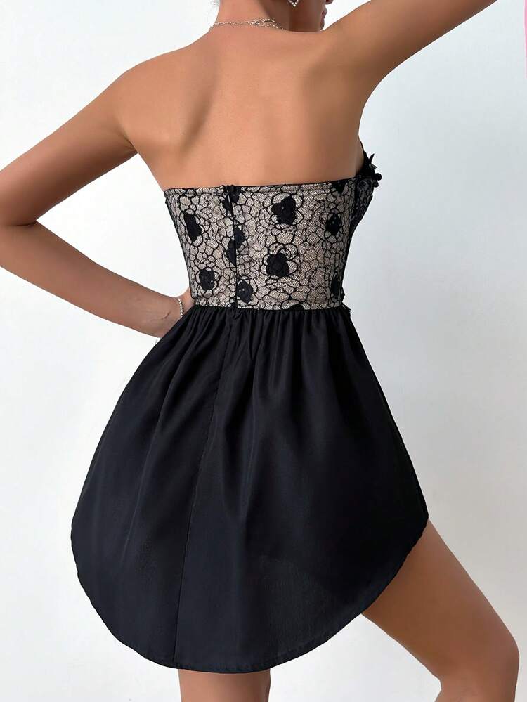 Color Blocking Mesh Flower Embroidery Strapless Concert Outfits Dress With Leaf Hem For Summer