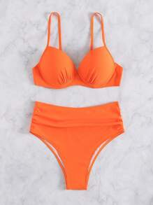 SHEIN Swim 女性夏季海灘實色推桿式底托內衣泳裝套裝 - 橘色 - 查看 3