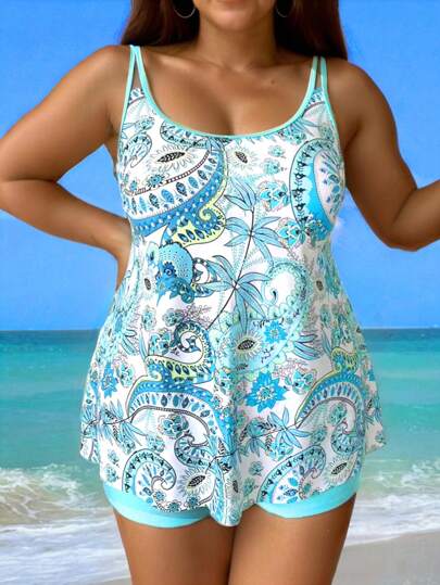 Swim Lushoire Plus Size Women Summer Beach Fashionable Loose Paisley Print Tankini Set