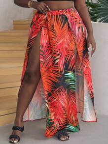 Slaydiva Plus Tropical Plant Print Double Split Thigh Hem Maxi Skirt For Vacation Style - Hot Pink - View 1