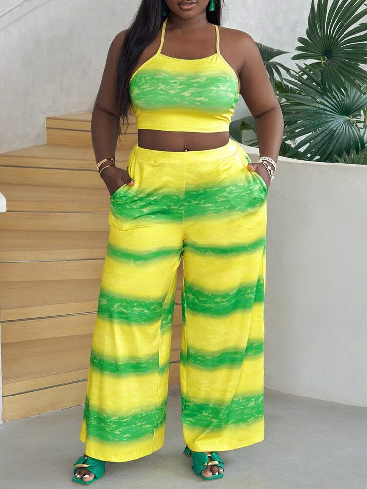 Plus Size Casual Vacation Floral Print Halter Backless Cami Top And Long Pants Set Matching Set