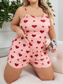 SweetSlumber Plus Size Women Heart Print Cami PJ Set / Pyjama Set có quần short - Màu Hồng  San hô - Xem 4