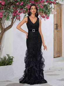 YISIKADO Formelles Abendkleid Für Damen, Elegantes Und Luxuriöses Ärmelloses Paillettenkleid Aus Europäischem Tüll Mit V-ausschnitt Und Fischschwanzsaum Für Ballpartys