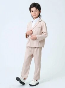 SHEIN 2pcs Young Boy Casual & Simple English Gentleman Style Flower Boy Wedding Piano Concert Long Sleeve Suit Jacket And Pants Suitable For Daily Wear, Performance, , Wedding, And All Seasons - Khaki - View 5
