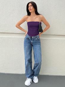 SHEIN Essnce Summer Casual Solid Color Pleated Slim Fit Asymmetrical Hem Bandeau Top - Purple - View 4