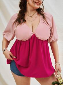Dreamara Plus Size Holiday V-Neck Bubble Sleeve Shirt