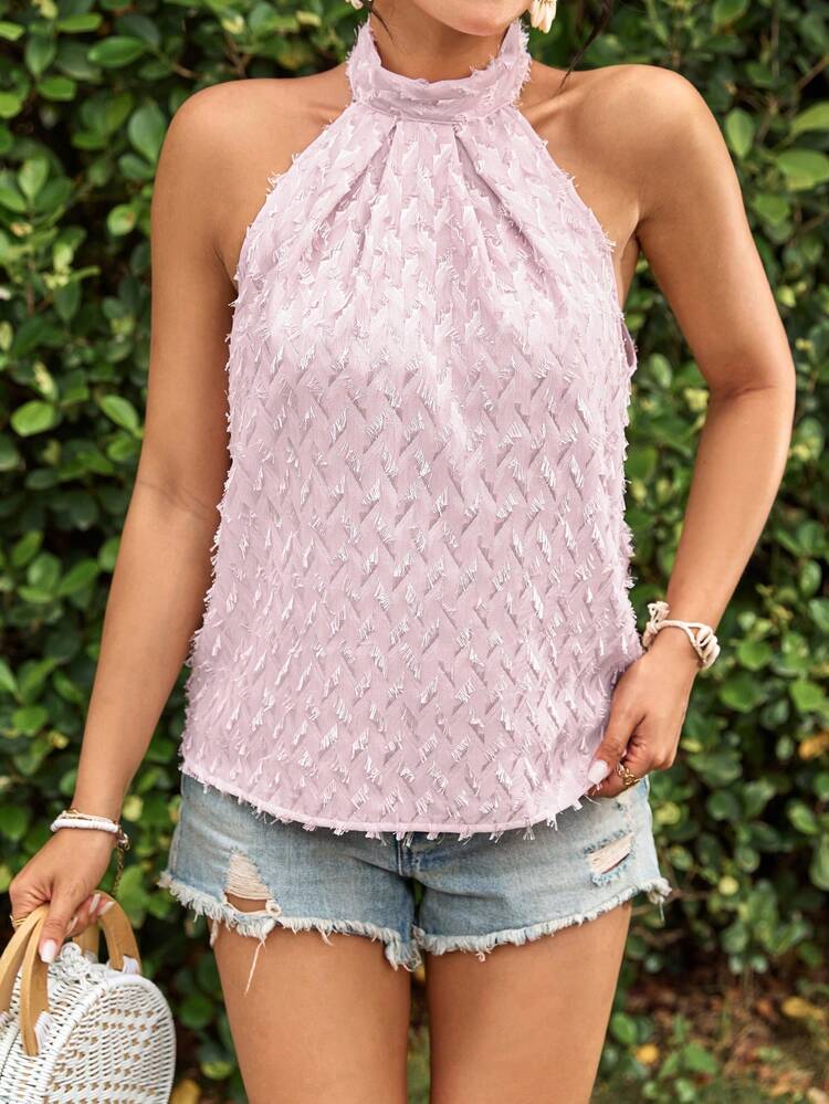 Solid Color Woven Vacation Style Women Shirts With Regular Fit, Band Tie Collar