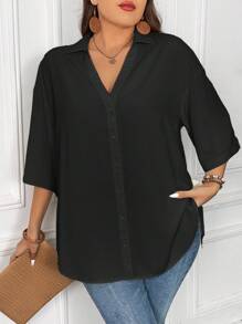 Calvaya Plus Size Women Stylish Loose Solid Color Daily Casual Work Shirt - Black - View 3