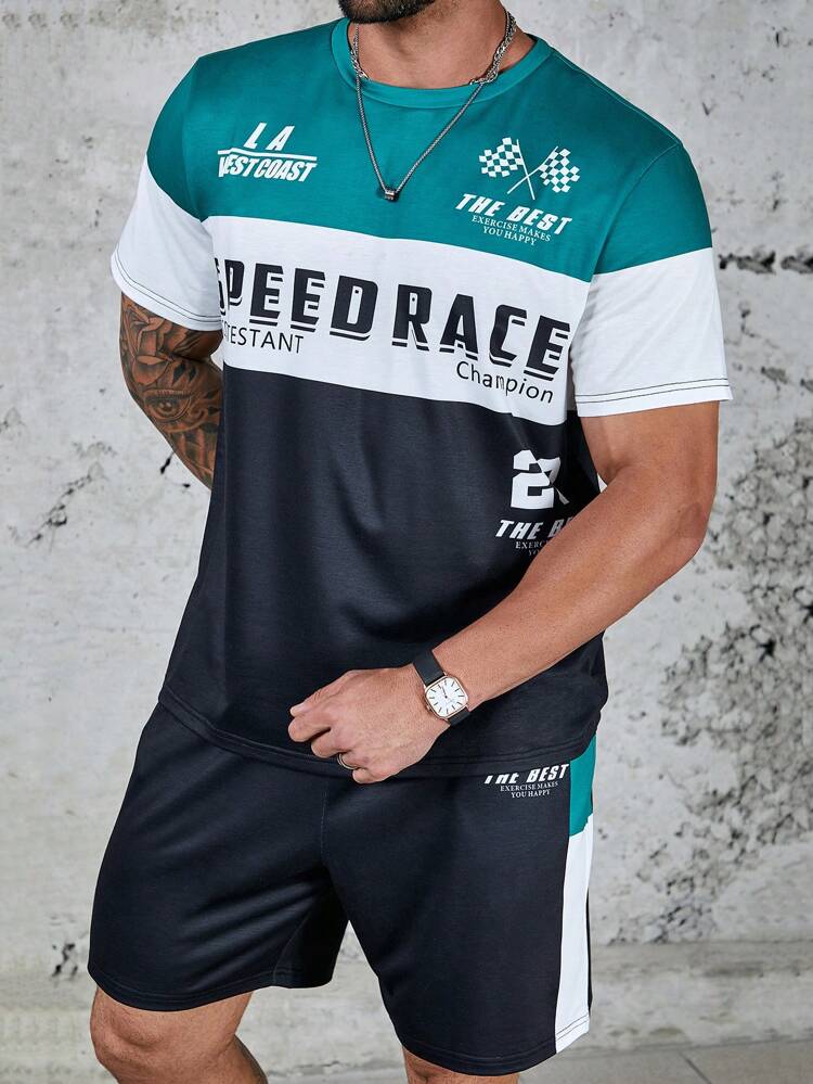 Men's Plus Size Letter Printed Color Block T-Shirt And Shorts Set