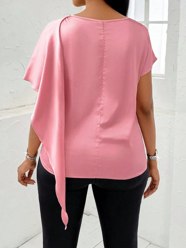 Elegant Commuter Cloak Asymmetrical Swinging Neck Casual Sexy Light Pink Glossy Colored 3D Cutting Women's Shirt