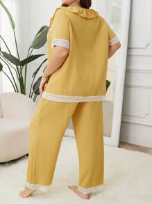 Pajama Set für große Größen mit kurzen Ärmeln und V-Ausschnitt mit Knopfverschluss, Spitzen Patchwork mit langen Hosen