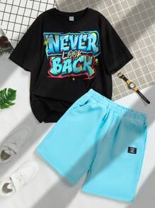 SHEIN Leap Crew Tween Boys' Casual Street Graffiti Letter Print Round Neck Loose Fit T-Shirt With Solid Color Knitted Shorts Set - Multicolor - View 6