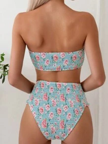 Swim Mod 夏季沙灘女性荷葉邊比基尼套裝，隨機花卉印花 - 彩色 - 查看 2