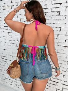 SHEIN VCAY Plus Size Women Striped Patchwork Fringe Hem Halter Neck Tie Back Tank Top For Vacation
