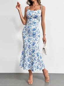 SHEIN Privé Đầm Dây Spaghetti Thiết Kế Họa Tiết Hoa Cổ Điển Cho Nữ - Xanh và trắng - Xem 5