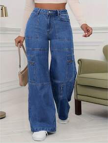 Women's Pockets Spliced Zipper Cargo Straight Leg Jeans - Medium Wash - View 3