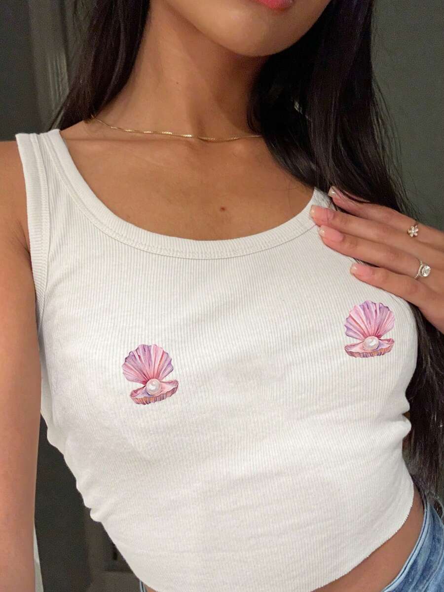 SHEIN EZwear Top de depósito blanco de verano de impresión de perlas de conchas para mujer - Blanco - Ver 1