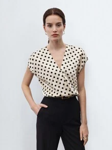 BizChic 女士 V 领波尔卡圆点泡泡袖缎面衬衫，都市通勤办公室商务休闲优雅女士正装衬衫，时尚上衣 - 白色 - 查看 6