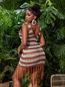 SHEIN Slayr Women Vacation Beach Contrast Color Striped Hollow Out Knitted Fringed Bodycon Mini Sweater Dress - Multicolor - View 2