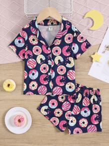 Kleine Mädchen Donut Muster kurze Ärmel lockere Passform 2 Stücke Set für Zuhause