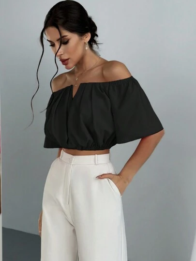 Aloruh This New Summer Women's Black Top Features An Off-The-Shoulder V-Neck And Fitted Short Sleeves, Perfect For Everyday Commutes, Vacations, Dates, Or Afternoon Tea Parties. Its Flattering Cut Makes It Ideal For Beach Vacations, Elegant Parties, Afternoon Tea, Holiday Outfits, Music Festival Looks, And Everyday Sexy Wear.