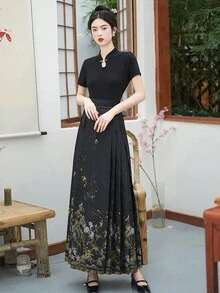 Autumn/Winter New Black & Gold Horse Face Design Hanfu Chinese Traditional Dress - Black - View 1